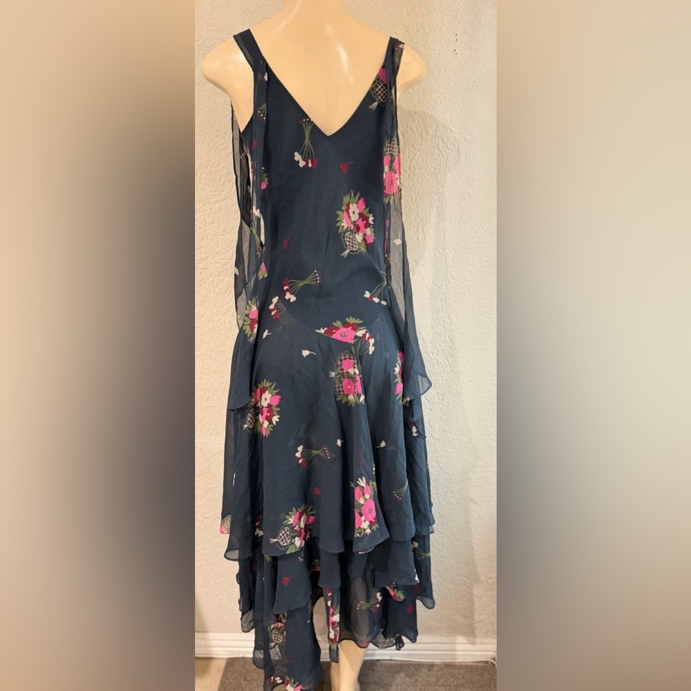 celia birtwell for Express Teal Floral Tiered Maxi Dress 100% silk lining Sz 6 - Picture 7 of 14